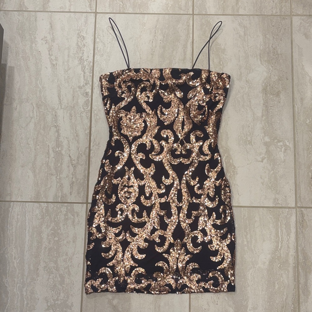 Elegant Navy Blue and Rose Gold Sequin Dress